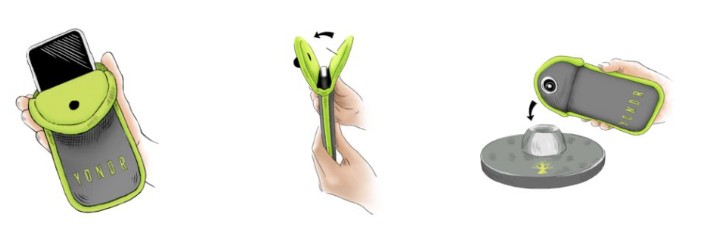 graphic showing how to insert a phone into yondr pouch and secure it 